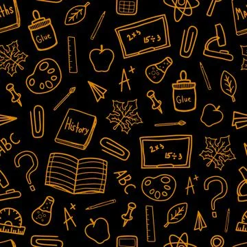 Back to school doodle orange line drawn vector seamless pattern on black Stock Illustration
