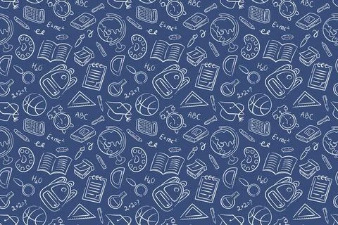 Back to school doodle pattern on blue background. Hand drawn stationary object Stock Illustration