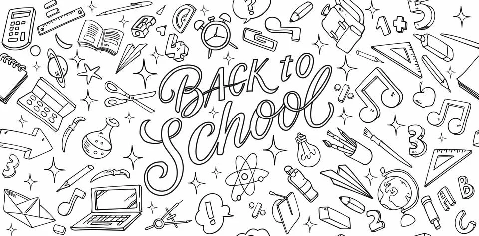 Back to School Doodle Pattern, Hand Drawn Education Vector Stock Illustration