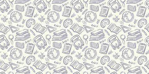 Back to school doodle seamless pattern. Sketch object stationary of pencil, pen Stock Illustration