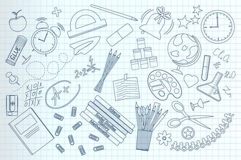 Back to School Doodle Set on Graph Paper Background Stock Illustration