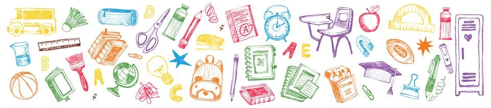 Back to school doodle set, vector hand drawn wax crayon kids education print Illustrazione stock