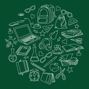 Back School doodle sketch chalk board set vector Stock Illustration