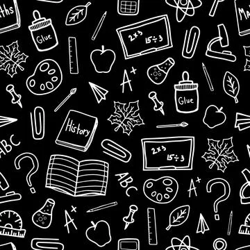 Back to school doodle white line drawn vector seamless pattern on black Stock Illustration