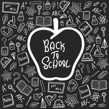 Back to school doodle white vector on dark grey desk clipart. Stock Illustration