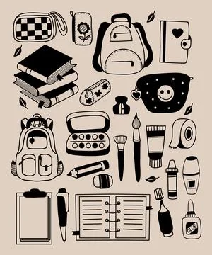 Back to school doodles. Backpack, accessories, pencil cases and books, note.. Stock Illustration