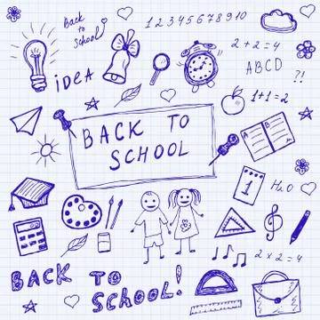 Back to school doodles. Hand drawn school icons set. Sketch school icons set Illustrazione stock