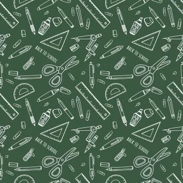 Back to school doodles seamless pattern with school supplies. Vector illustra Illustrazione stock