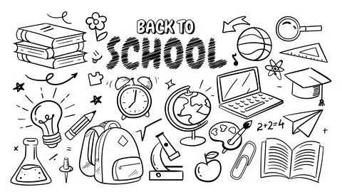 Back to school doodles set. Globe, laptop, backpack, book and microscope 스톡 일러스트