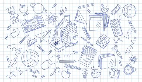 Back to school drawn elements. Blue drawings of ball, book, ruler and backpack Stock Illustration