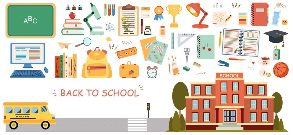 Back to school education collection with school supplies, books, backpack an Ilustración de archivo