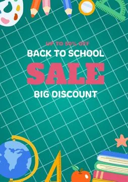 Back to school education concept background. Sale cover of stationery and Stock Illustration