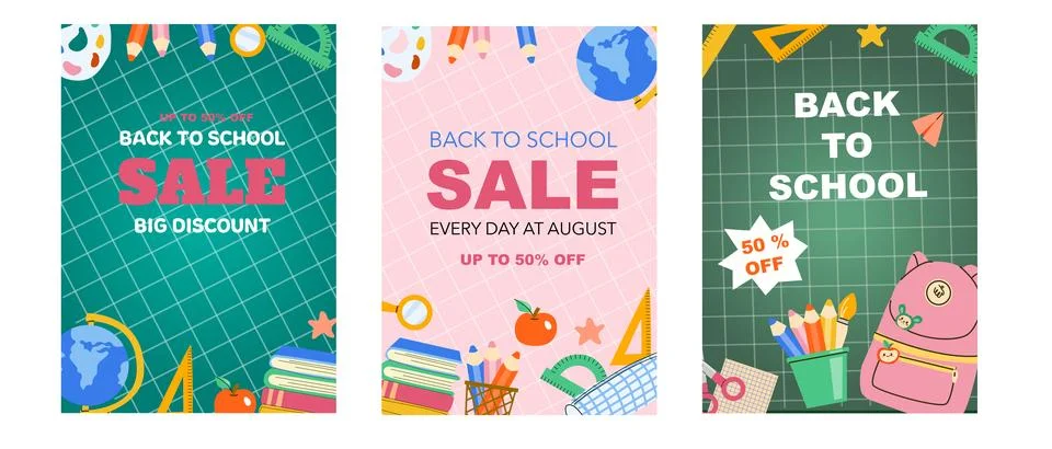 Back to school education concept backgrounds. Sale covers of stationery and Stock Illustration
