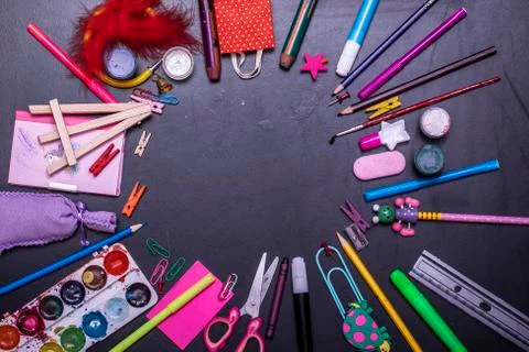 Back to school education concept. School supplies stationery equipment on woo Stock Photos