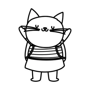 Back to school education cute cat with backpack cartoon thick line Stock Illustration