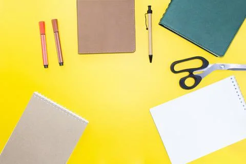 Back to school. Education flat lay. Business layout. Mock up, notepads, pen Stock Photos