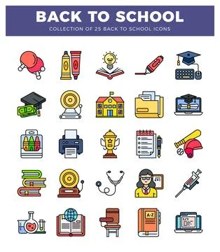 Back to school education icons featuring academic and sporting items on a w.. Illustrazione stock