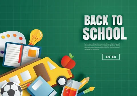 Back to school with education items on green chalkboard background in paper a Stock Illustration