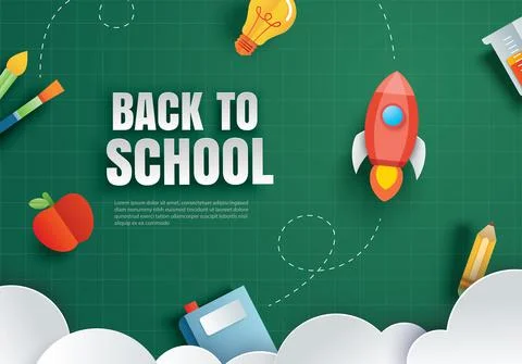 Back to school with education items on green chalkboard background in paper a イラスト素材