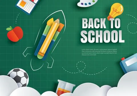 Back to school with education items on green chalkboard background in paper a Illustrazione stock
