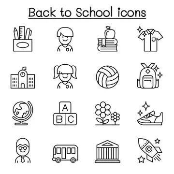 Back to school, education, kindergarten, learning icon set in thin line style Stock Illustration