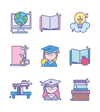 Back to school education learn icons set Stock Illustration