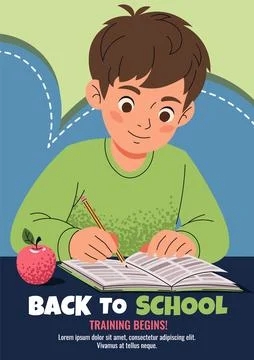 Back to School Education Poster Template. Student Writing in Notebook. Flat Stock Illustration