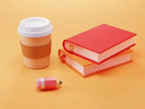 Back to school, education themed 3d illustration. Books, disposable coffee cup Stock Illustration