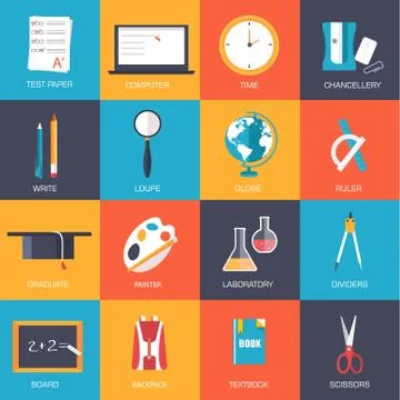 Back to school education vector art icons. Flat university elements set Stock Illustration