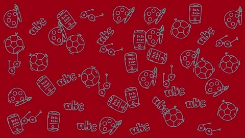 Back to school educational pattern with art and sports doodles on red background Stock Footage 344909082