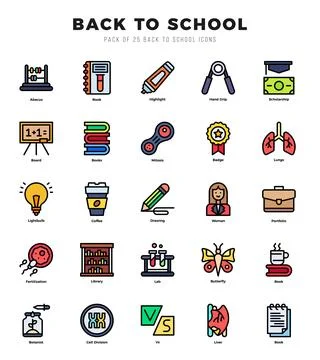 Back To School elements. Lineal Color web icon set. Simple vector illustratio Stock Illustration