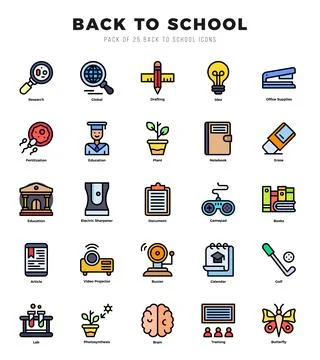 Back To School elements. Lineal Color web icon set. Simple vector illustratio Stock Illustration