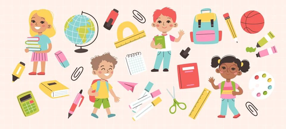 Back to school elements. Pupils and set of school supplies. Vector illustration Stock-Illustration