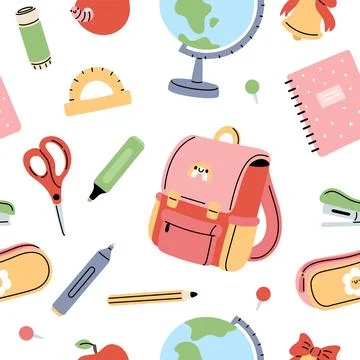 Back to school elements seamless pattern. Kids color stationery and supplies Stock Illustration