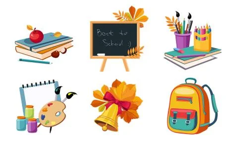 Back to School Elements Set, Different School Supplies and Stationeries Vector Stock Illustration