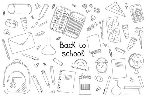 Back to school elements set, doodle style flat vector outline for coloring book Illustrazione stock