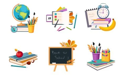 Back to School Elements Set, Education Icons, Different School Supplies and Stock Illustration