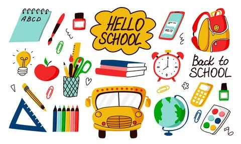 Back to School elements set. Various school stuff - supplies for art, reading Stock Illustration