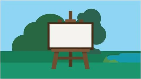 Back to School Empty artists canvas on easel in park scenery with painting .. Ilustración de archivo