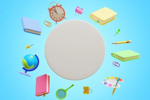 Back to school. Empty white circle and student learning elements. Illustrazione stock