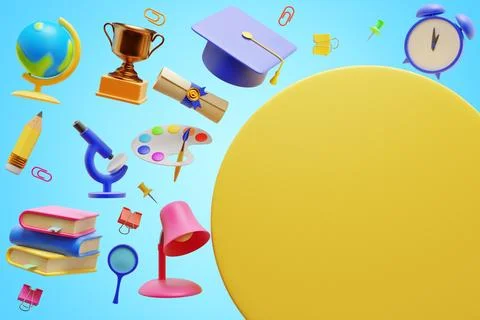 Back to school. Empty yellow circle and education elements. Illustrazione stock