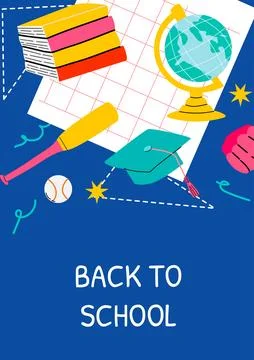 Back to school essentials: books, globe, graduation cap, and sports items on Stock Illustration