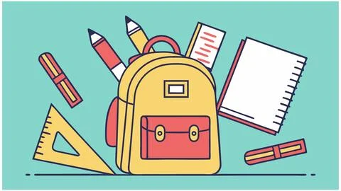 Back to School Essentials Yellow Backpack Filled with Pens Pencils Notebook Stock Illustration