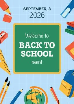 Back to school event banner with chalkboard and school supplies vector templa Stock Illustration