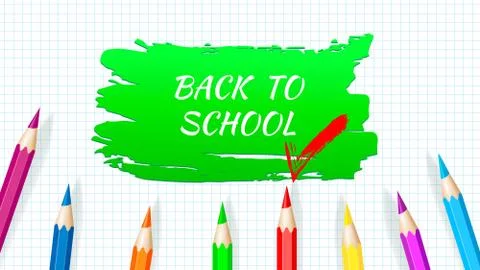 Back to School - Exercise book worksheet with colored pencils. Vector Illustrazione stock