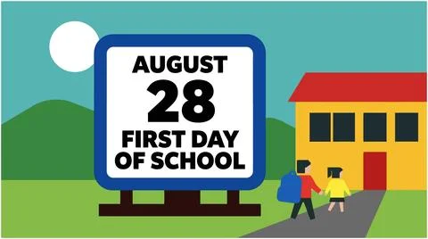 Back to School First day of school sign with students education children le.. Stock Illustration
