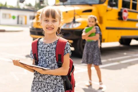 Back to school. First day of school. Two teenage girs at the school feeling Stock Photos