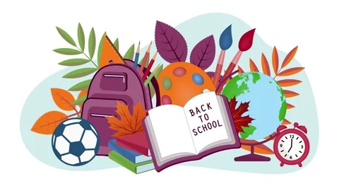 Back to School, flat animation 4K with books, globe, pencils, ball, clock and Stock Footage 137532895