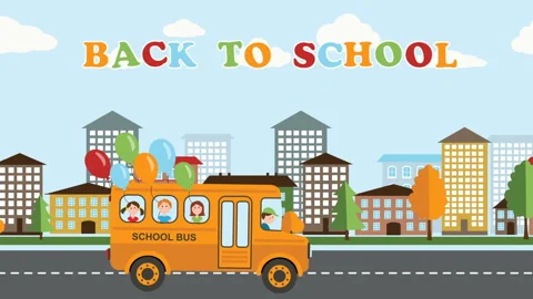 Back to school Flat animation, Children in the school bus on the city background Stock Footage 114800376