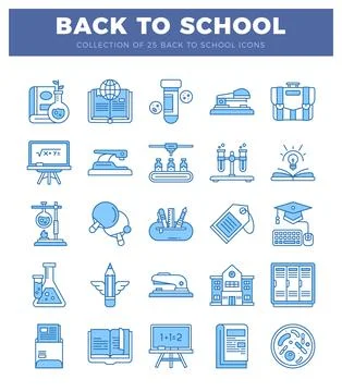 Back to school flat blue icons on white. Stock Illustration